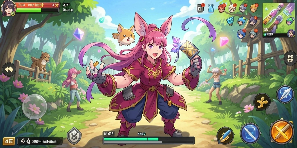 Screenshot gameplay 47F menunjukkan aksi pertarungan karakter anime yang dinamis.