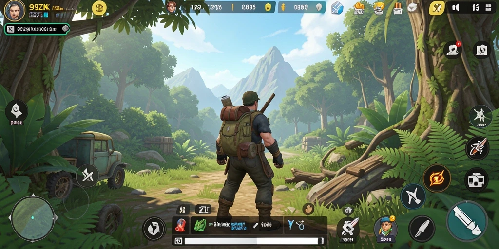 Tangkapan layar gameplay 99ZK menampilkan petualangan mendebarkan di alam liar.