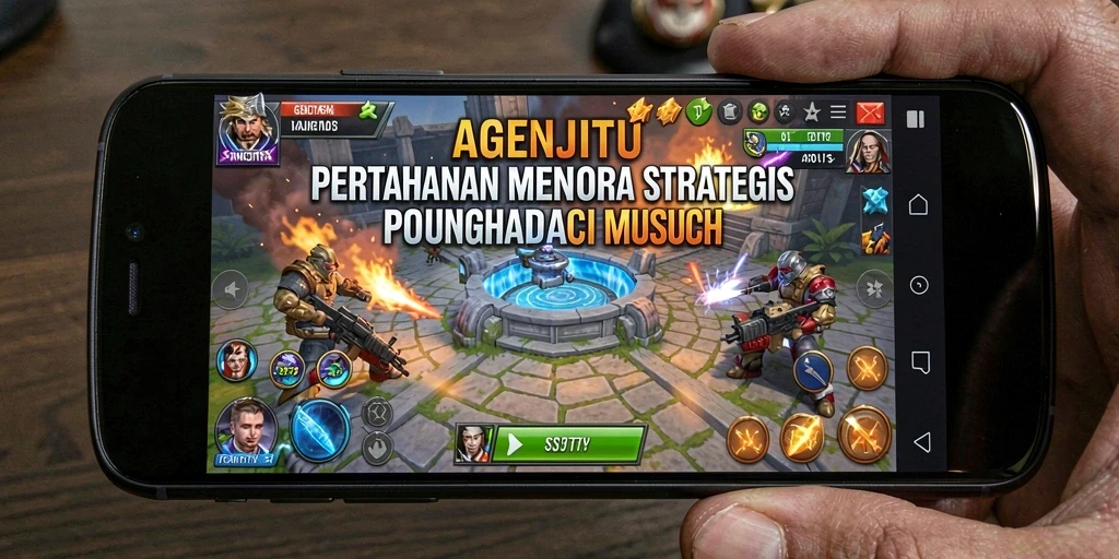 Tampilan gameplay AGENJITU menampilkan pertahanan menara yang epik dan musuh yang beragam.