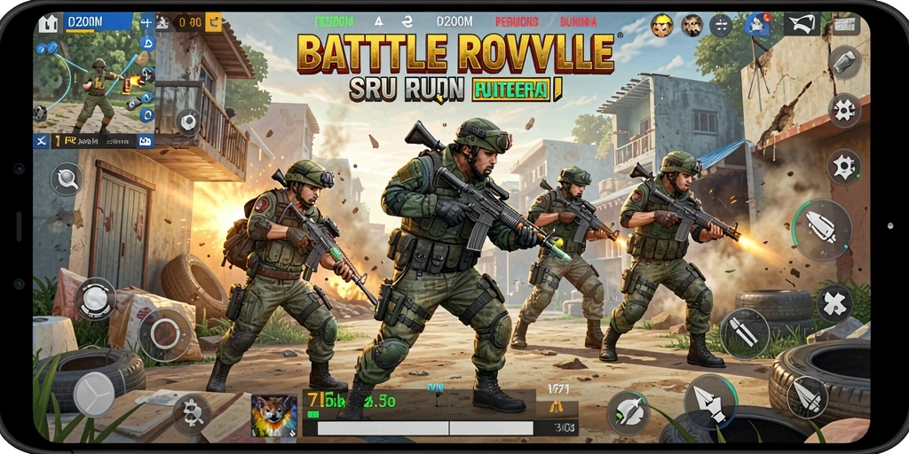 Screenshot D200M menunjukkan aksi seru dalam pertandingan Battle Royale