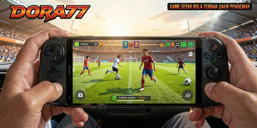 Tangkapan layar gameplay DORA77 menampilkan aksi seru di lapangan sepak bola.