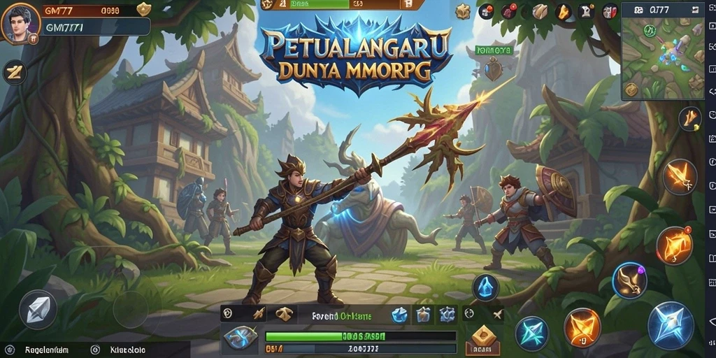 Screenshot gameplay GM777 menunjukkan pertarungan epik di dunia fantasi.