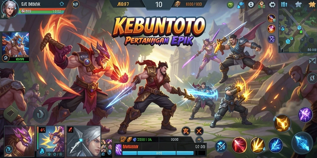 Gameplay seru KEBUNTOTO dalam pertarungan tim MOBA.