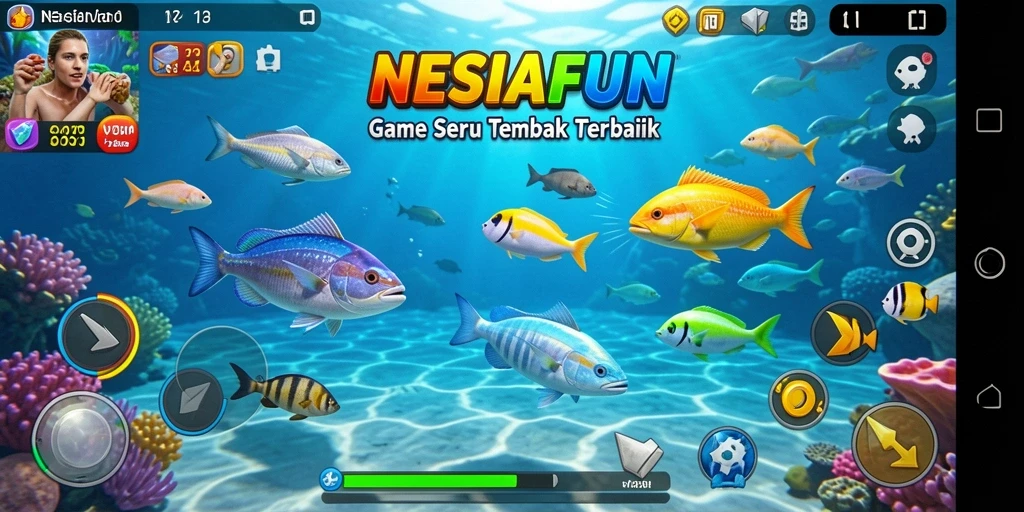 Tampilan gameplay seru NESIAFUN saat menembak ikan di bawah laut.