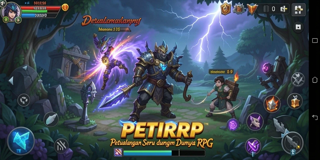 Screenshot utama menampilkan pertarungan seru dalam game RPG.