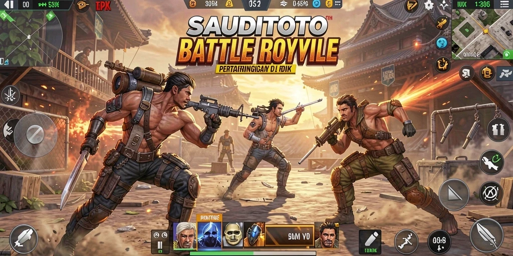 Screenshot pertarungan seru dalam SAUDITOTO, menampilkan gameplay Battle Royale yang mendebarkan.