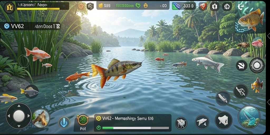 Screenshot gameplay VV62 menampilkan momen menangkap ikan yang mendebarkan.